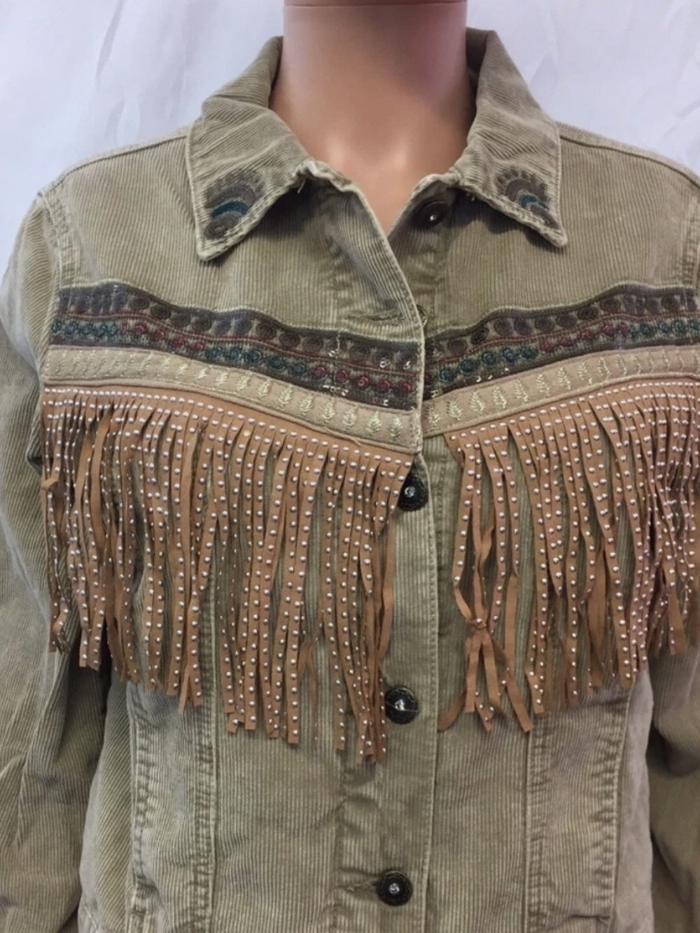 Desigual Beige Corduroy Fringe Jacket with Embroidered Yoke w/ Removable Lining
